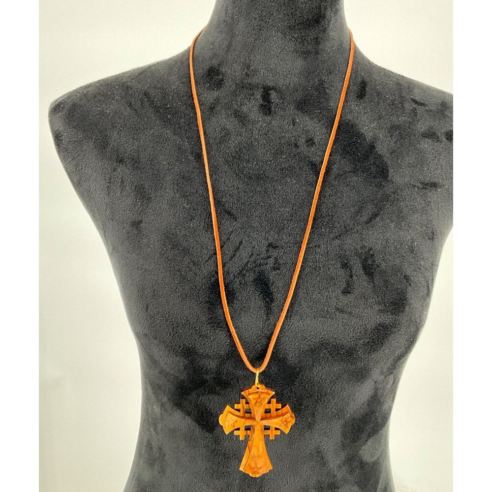 Olive Wood Jerusalem Cross Pendant Necklace With Orange Cord 30" pendant 2.25"x3